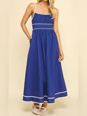 Pinch Medium Blue Sleeveless Maxi Dress with White Trim